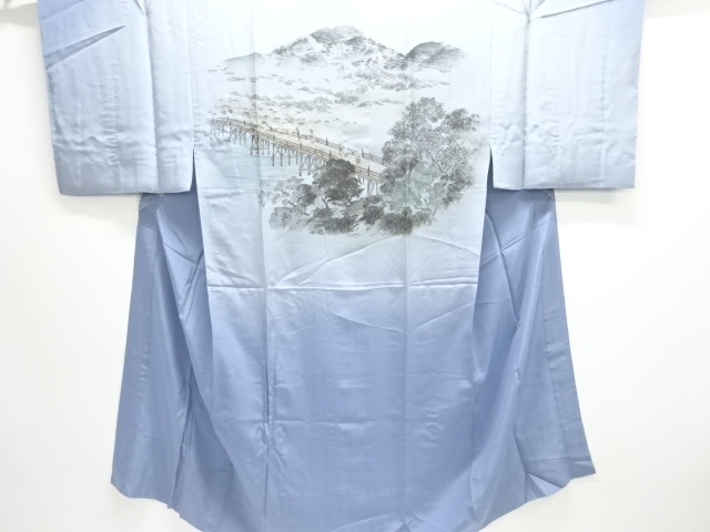 JAPANESE KIMONO / ANTIQUE MENS HITOE JUBAN / SILK / BRIDGE & PEOPLE IN THE PAST